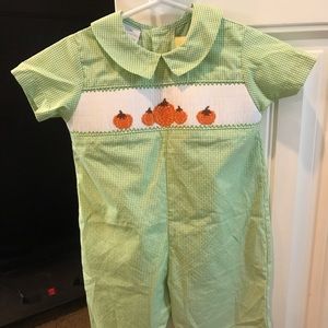 PUMPKIN SMOCKED LONG ROMPER GREEN GINGHAM 6month